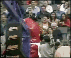 Animated GIF Humor Raptors mascot rollerblade faceplant.